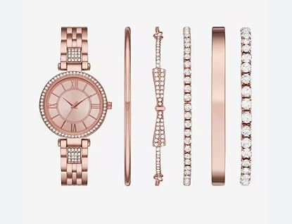 Ladies Rose Gold 6-pc Crystal Accent Watch Set