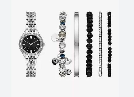 Womens Black and Silver Crystal Accent 6-pc. Watch Set