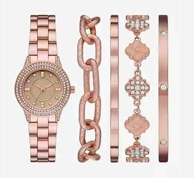 Womens Crystal Accent Rose Goldtone 5-pc. Watch