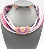 Multi Strand Faux Leather Enamel Pendnat Necklace Set 6.75